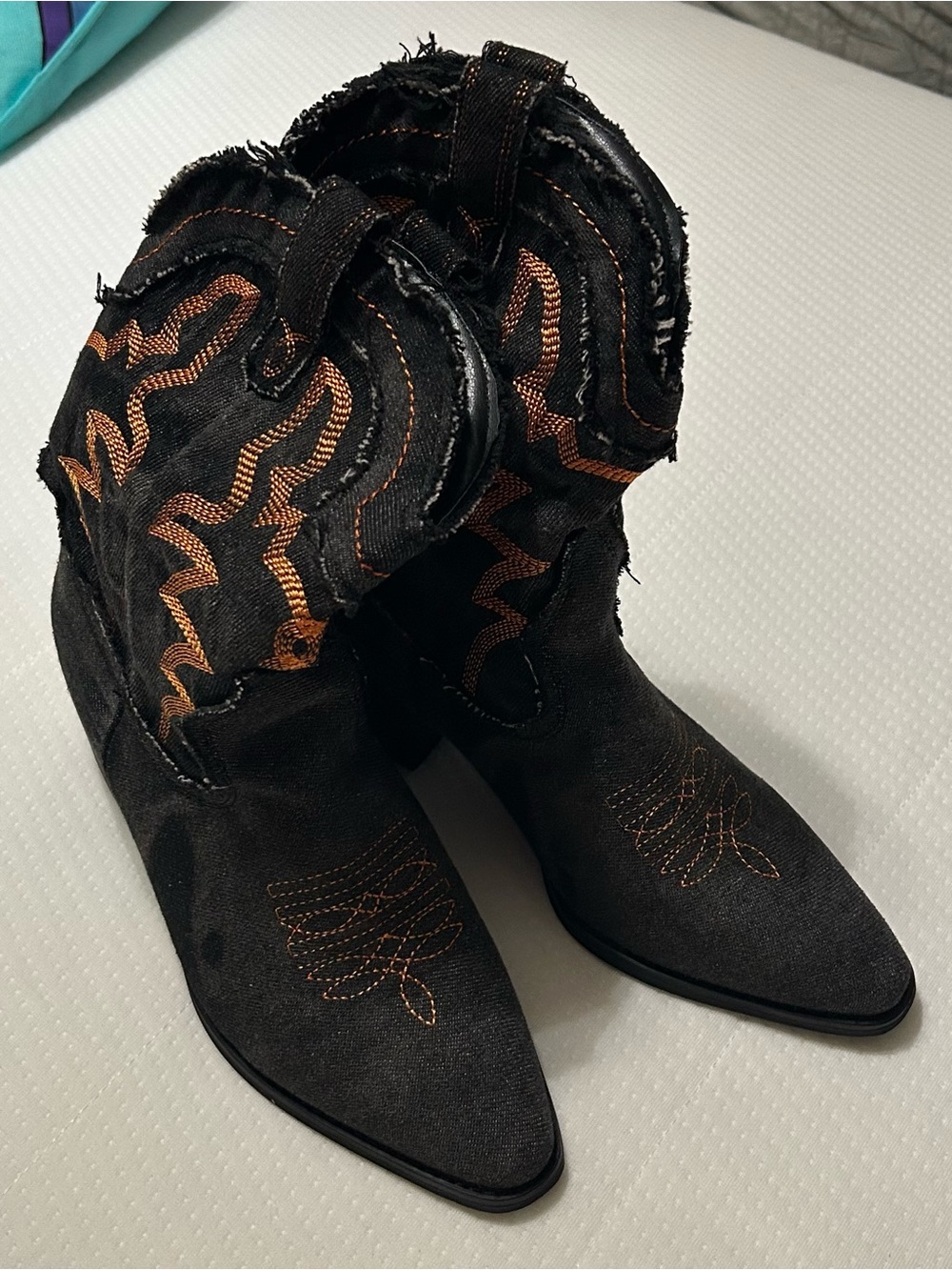 NWOT Women's Black Distressed Western Ankle Boots with Orange Stitching